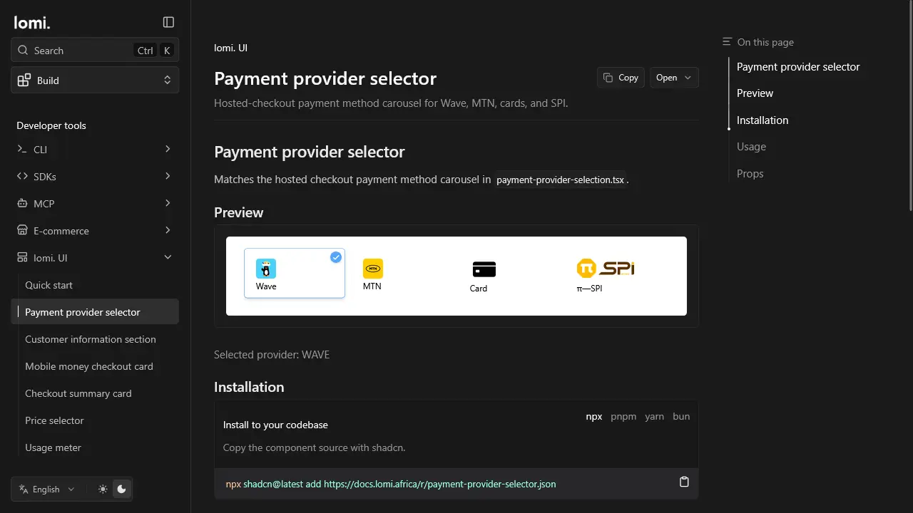 Aperçu des composants de paiement lomi. UI sur le site de documentation