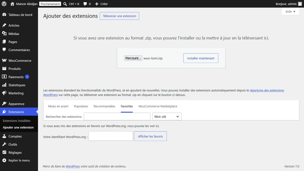 Écran Extensions WordPress avec Téléverser une extension