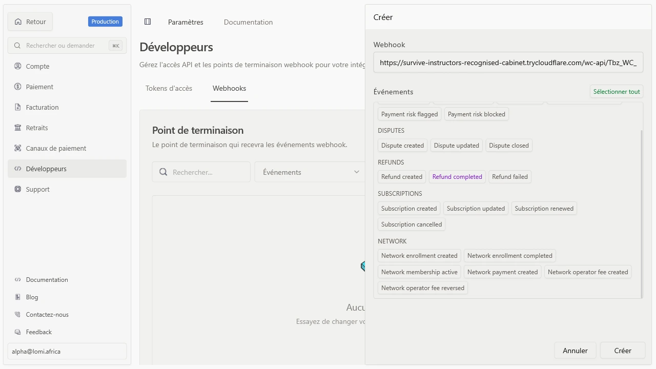 Endpoint webhook lomi. avec PAYMENT_SUCCEEDED activé