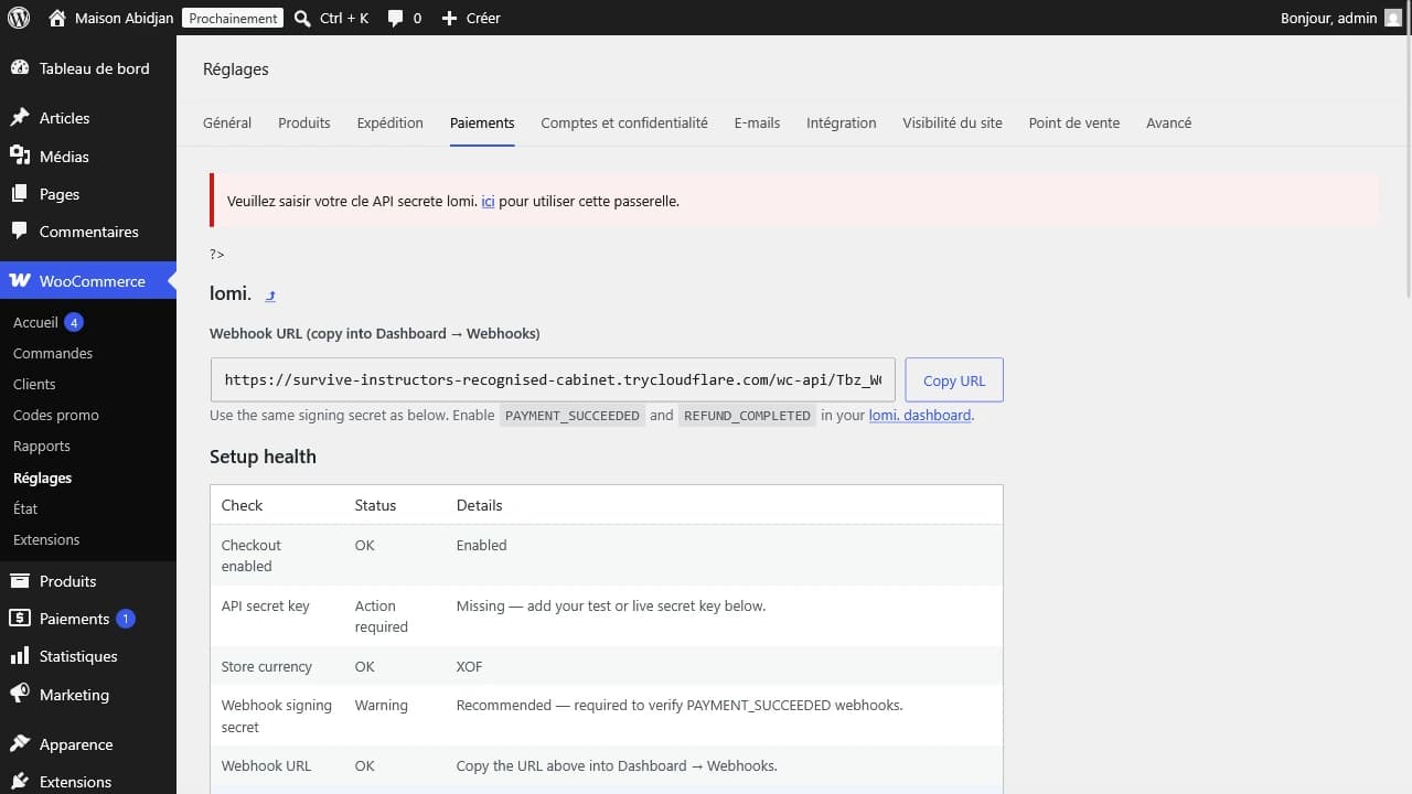 Réglages lomi. WooCommerce avec URL webhook et bouton copier